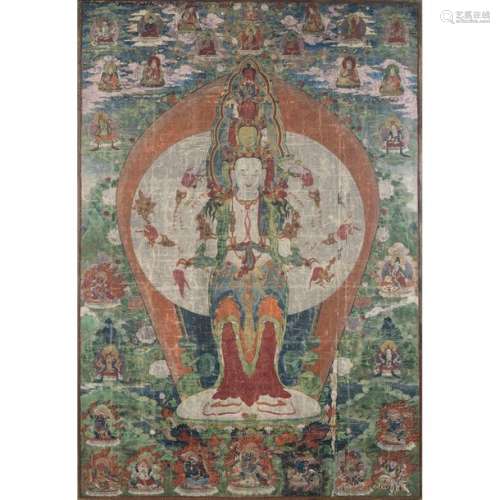 VERY LARGE VERTICAL THANGKA painted in ink and pol…