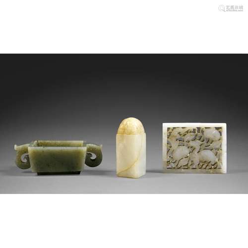 CONTINUED BY THREE OBJECTS made of celadon nephrit…