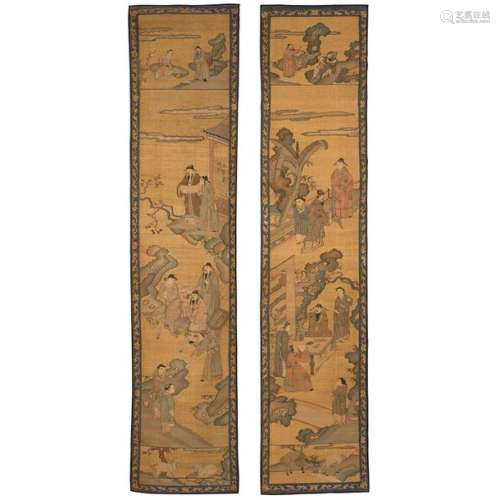 PAIR OF LARGE VERTICAL PANELS in polychrome silk t…