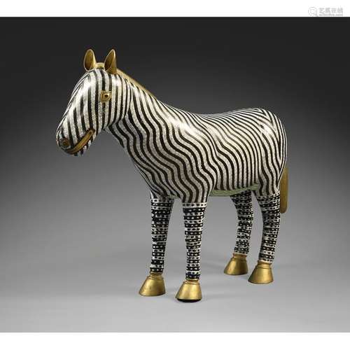 LARGE ZEBRA STATUETTE OF gilded copper alloy and p…