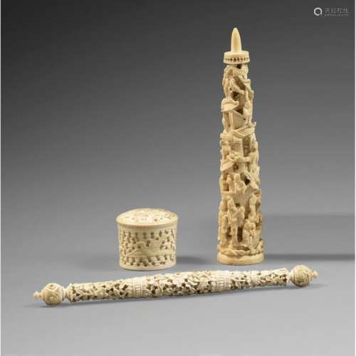 ~ SUITE OF THREE OBJECTS made of Canton ivory, wit…