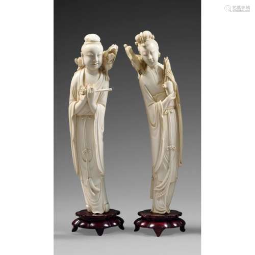 ~ PAIR OF LARGE STATUETTES OF IMMORTELSin ivory, d…