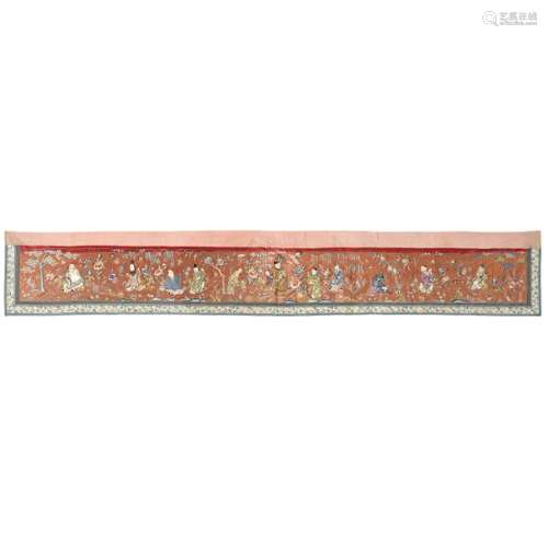 Large HORIZONTAL PANEL in red silk decorated in po…