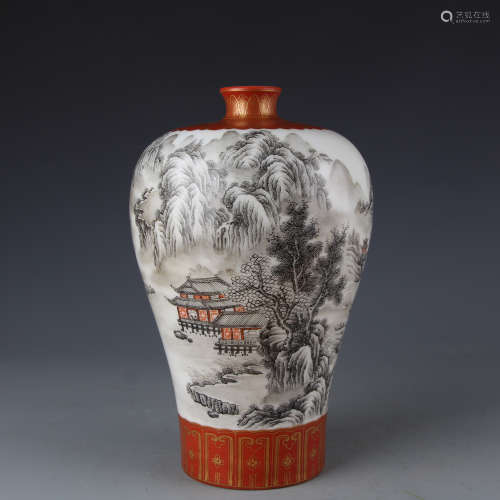 A Yongzheng ink color landscape plum vase
