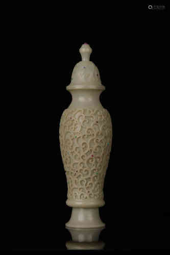 A White Jade Carved and Inlayed Floral Vase Qianlong Mark