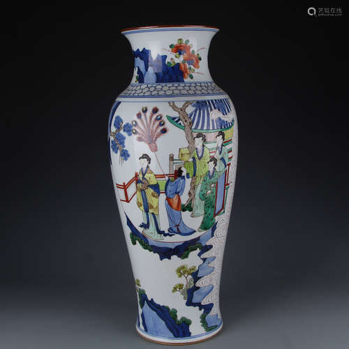 A Kangxi blue and white Guanyin vase with five color figure pattern