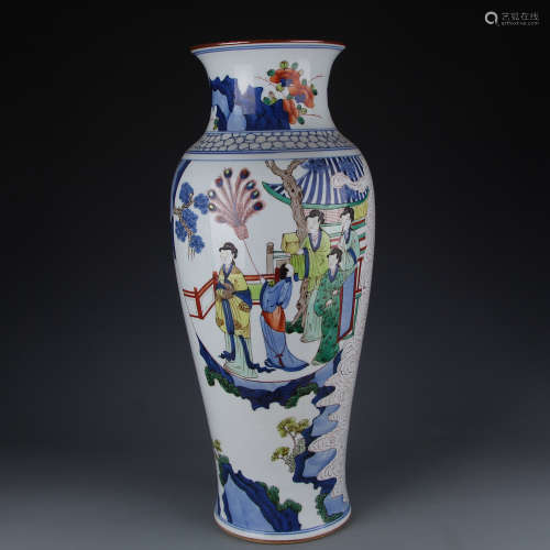 A Kangxi blue and white Guanyin vase with five color figure pattern