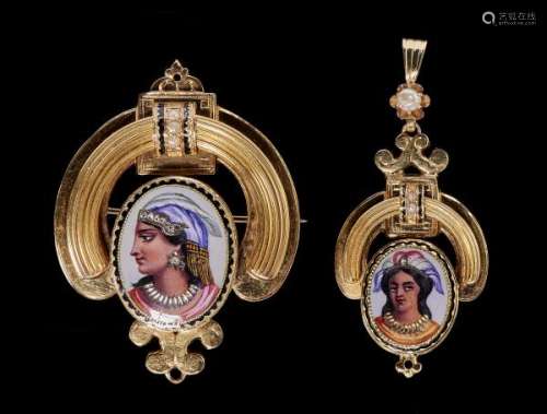 Ensemble d'une broche et d'un pendentif sertis de portraits d'Indiens d'Amérique [...]