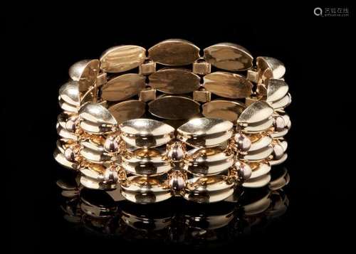 Bracelet manchette souple à maille fantaisie - Or et or rose 585, L 18,5 cm, 37 g -