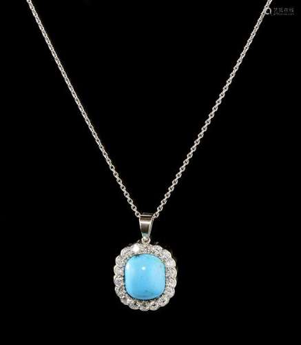 Chaîne retenant un pendentif serti d'une turquoise entourée de diamants - Or gris [...]