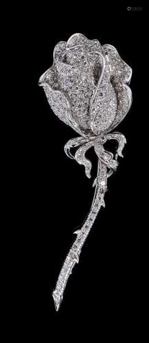 Broche à motif de rose pavée de diamants - Or gris 750, H 8 cm, 18 g -