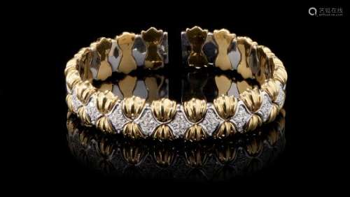 Bracelet jonc ouvert à motifs sertis de diamants - Or et or gris 750, D 5,5 cm, 69 g -