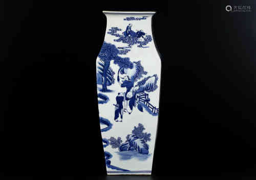 A Blue and White Landscape and Figural Square Vase Qing dynasty