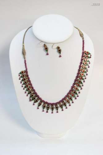 Indian Gold and Enamel Ruby Diamond Necklace Earri