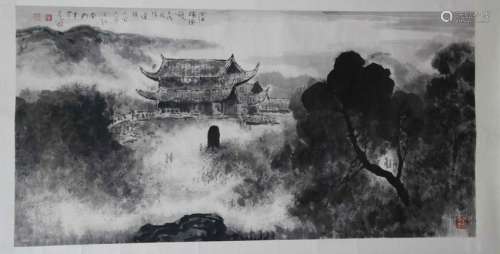 Chinese Ink Color Landscape Scroll Painting,Signed