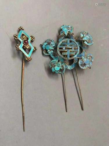 2 Qing Chinese Silver Enamel Hair Pins