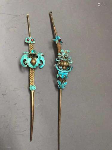 Pair Qing Chinese Silver Enamel Hair Pins