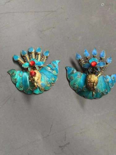 Pair of Qing Chinese Silver Enamel Hair Ornaments