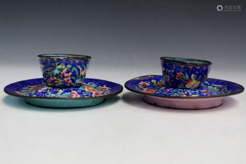Pair of Chinese enamel on copper tea cups.