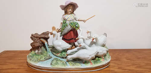 19th C Capodimonte German Girl & Ducks Porcelain