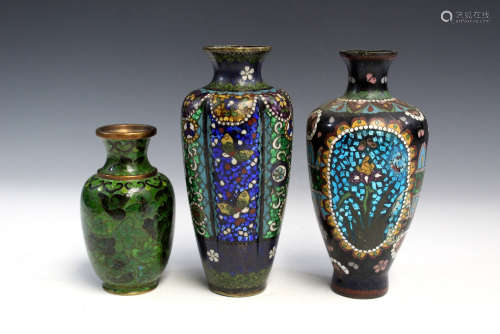 Three Japanese cloisonne vases.