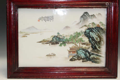 Chinese famille rose porcelain panel. Framed.