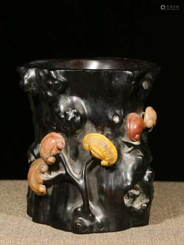 Republican Chinese Zitan Wood Brushpot w Soapstone