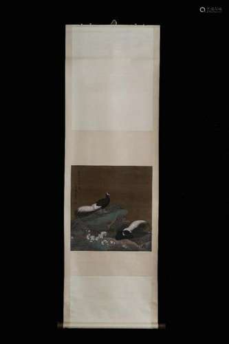 Chinese Ink Color Scroll Painting w Calligraphy