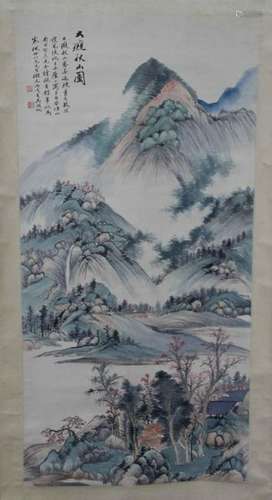 Chinese Ink Color Landscape Painting w Calligraphy