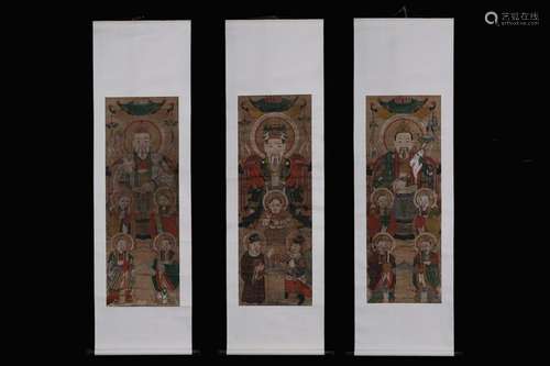 Three Chinese Ink Color Taoism Scroll Paintings