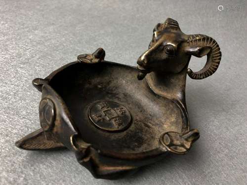 Chinese Bronze Tray w Goat Shape Handle