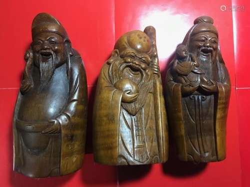 Three Chinese Bamboo Carved Figurals, Fu, Lu, Shou