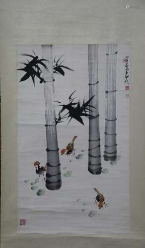 Chinese Ink Color Scroll Painting w Red Seals