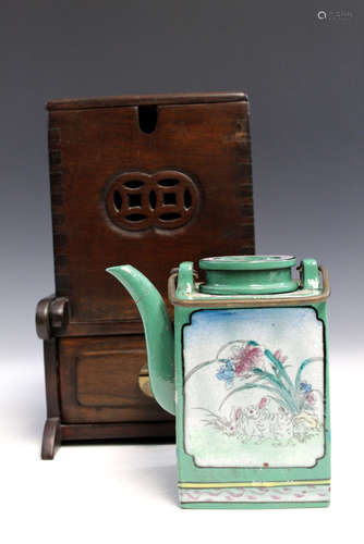 Chinese enamel on pottery teapot in rosewood box.