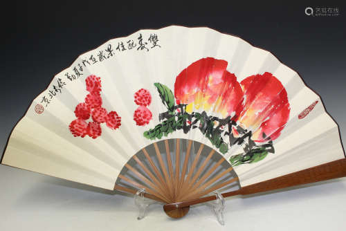 Chinese water color painting and calligraphy on fan,