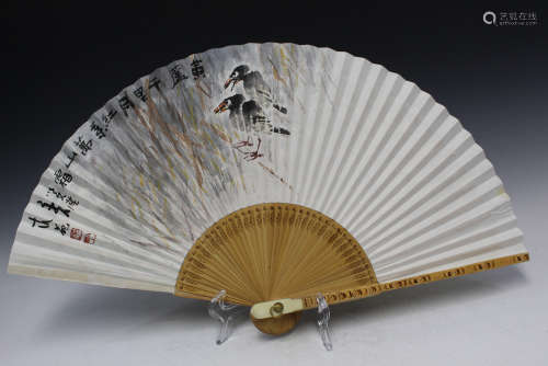 Chinese water color painting on paper fan, signed.