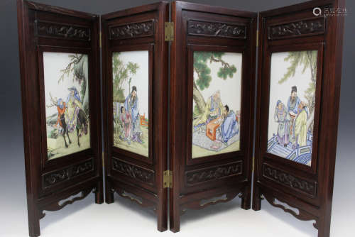 Chinese four-panel famille rose porcelain table screen