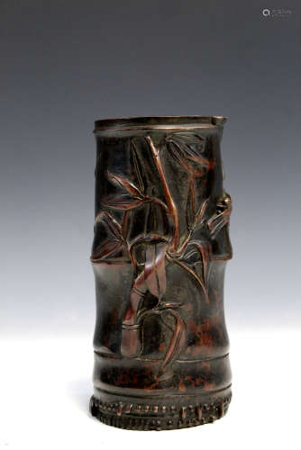 Chinese bronze brush pot, mimicking bamboo, mark on the