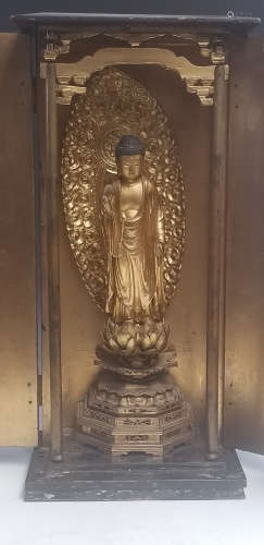 Japanese carved wood Buddha statue with lacquered shri