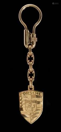Porte-clé mousqueton retenant l'écusson Porsche - Or 750, H 12 cm, 69 g -