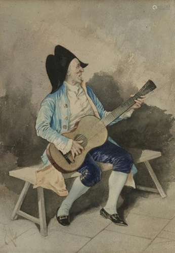 Théodore Wust (1853-1915) - Le guitariste, aquarelle sur papier, signée, 36x25 cm -