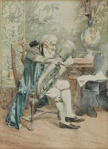 Vittorio Guaccimanni (1859-1938) - Homme jouant du tuba, aquarelle sur papier, [...]