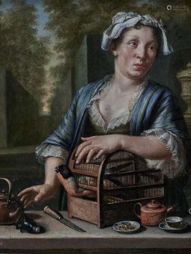 Theodor van Pee (1688-1746) - Portrait d'une femme avec oiseau, huile sur panneau, [...]