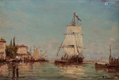 Ecole début XXe s  - Voilier rentrant au port, huile sur toile, signée Serval, [...]