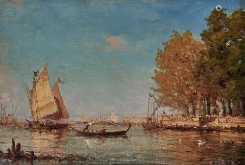 Ecole début XXe s  - Bateaux devant Venise, huile sur toile, signée Zillec, 23x34 cm -