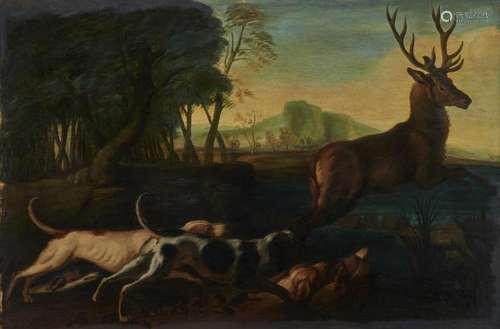 Dans le goût du XVIIIe s - Scène de chasse, huile sur toile, 68x103 cm -