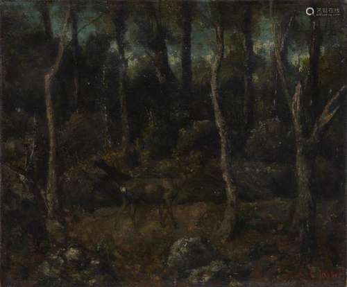 Attribué à Chérubino Pata (1827-1899) - Cerf en sous-bois, huile sur toile, porte [...]