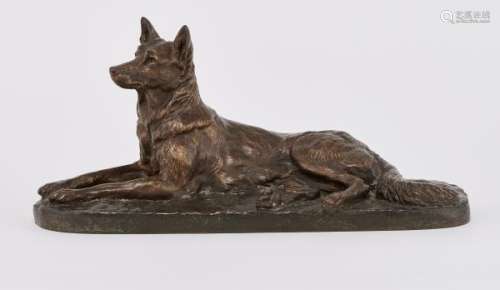 Pierre Laplanche (1803-1882) - Chien de berger couché, bronze à patine brune, [...]