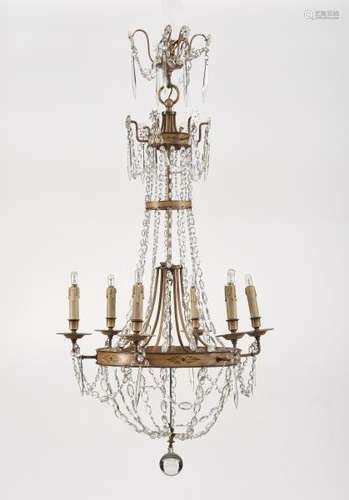 Lustre corbeille d'époque Directoire - Tôle peinte et pampilles de verre, H 110 cm -