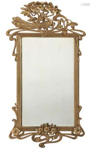 Miroir d'époque Art nouveau - Bois stuqué et doré à décor d'un paon, 123x65 cm -